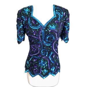 Vintage Lawrence Kazar Silk Sequin Short Sleeve Elegant Blouse Top Size Medium